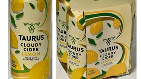 Taurus Cloudy Lemon Cider can and packaging, featuring bright yellow design with lemons and green accents, relevant to Thatchers trademark dispute with Aldi.