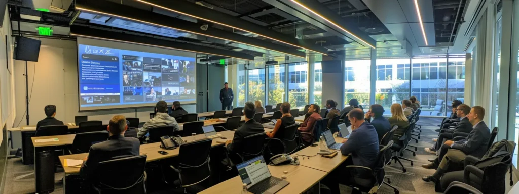 a dynamic training session unfolds in a modern conference room, where engaged team members attentively absorb vital insights on trademark protection, highlighted by a large, informative presentation on brand integrity and infringement risks.