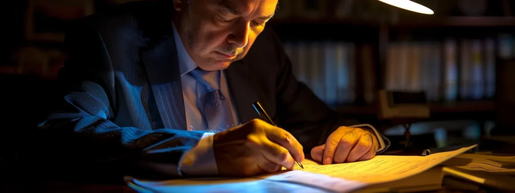 a focused and sophisticated legal professional meticulously reviews a vivid trademark monitoring report, illuminated by ambient office lighting, showcasing a determined expression that reflects the importance of safeguarding brand integrity.