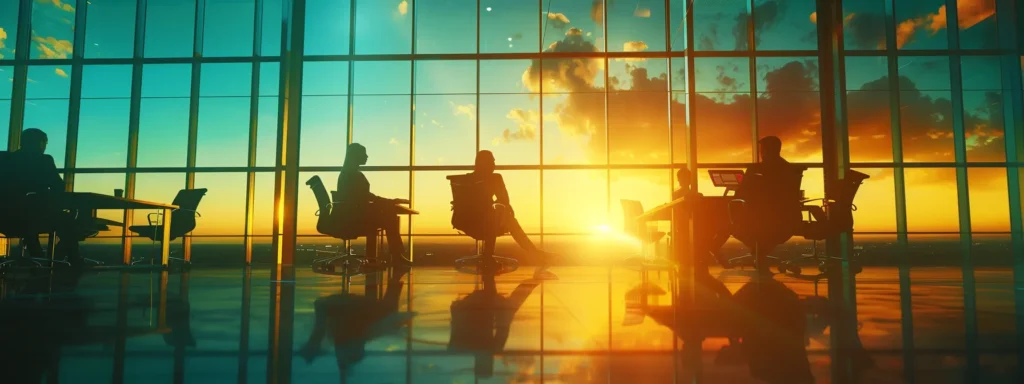 a focused business meeting in a sleek, modern office, where professionals strategically outline trademark surveillance objectives on a glass board, illuminated by natural light filtering through large windows.