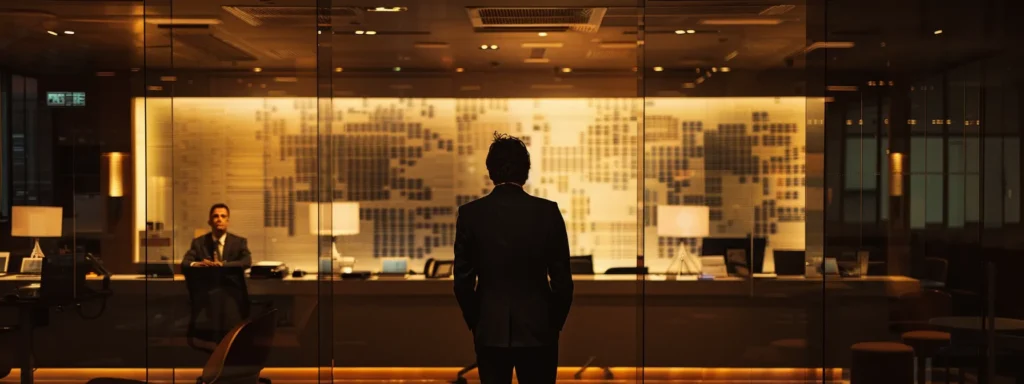 a dynamic and polished office setting featuring a lawyer intently analysing trademark databases on a high-tech screen, symbolising the crucial role of trademark monitoring in safeguarding brand reputation and market position.