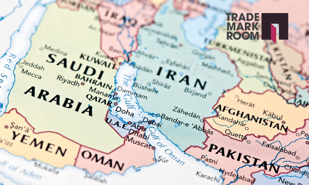 Map of the Middle East highlighting Saudi Arabia, Iran, and surrounding countries, with the Trademarkroom logo in the corner, symbolizing trademark registration and protection in the region.