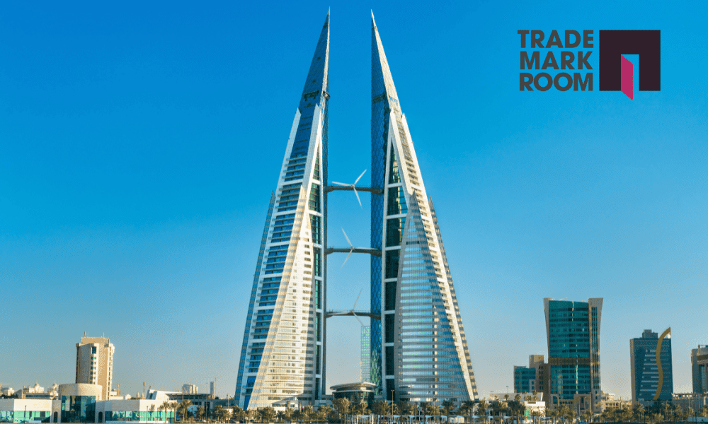 Bahrain's iconic twin towers against a clear blue sky, featuring the Trademark Room logo, symbolising trademark protection and business expansion in the Middle East.